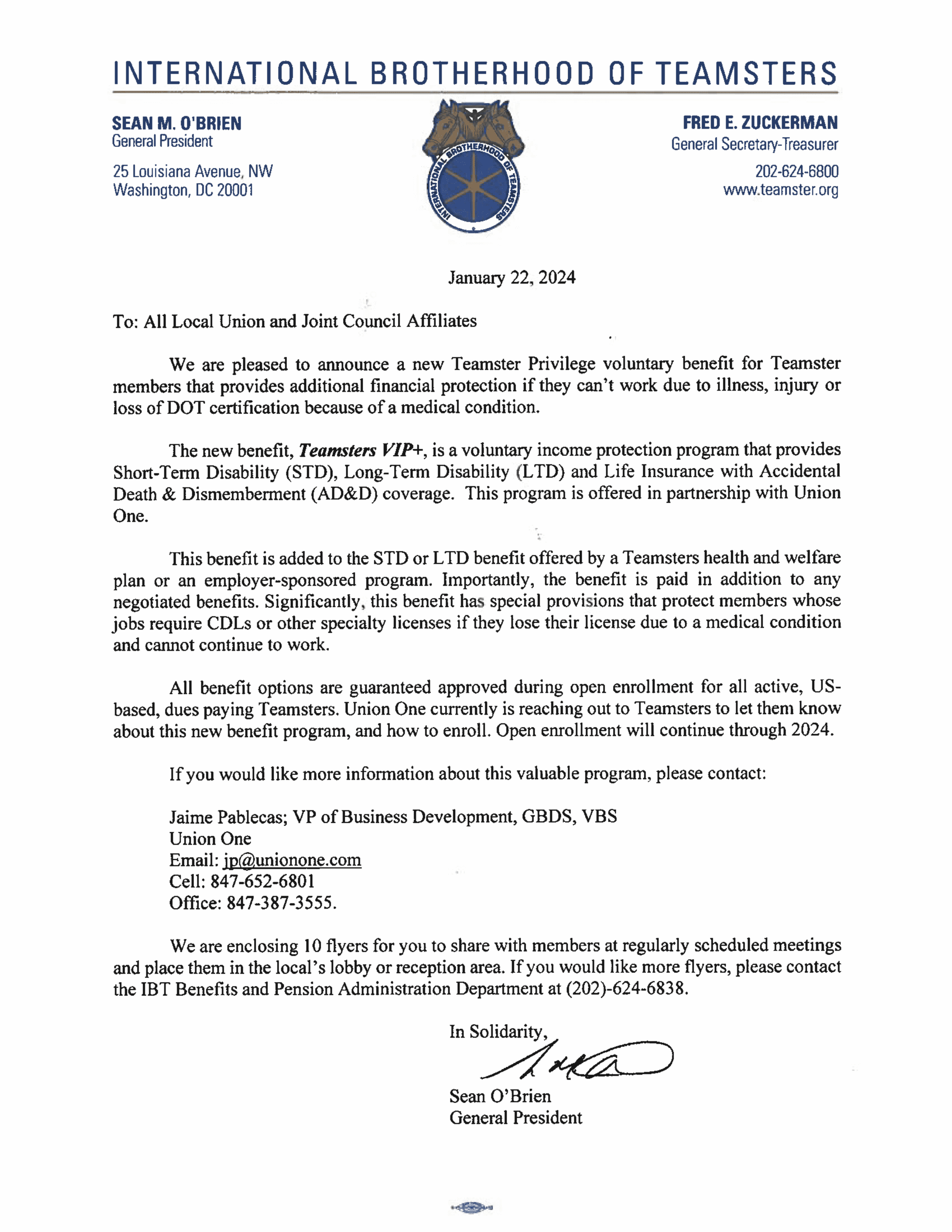 Teamster Privilege Announcement, Page 1